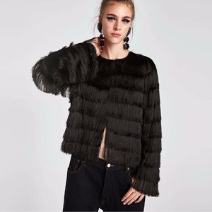 ZARA BLACK SILKY FRINGE JACKET Medium size